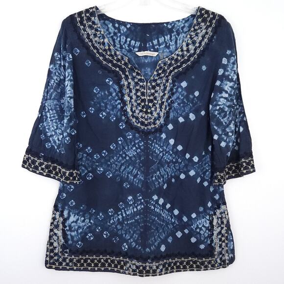 Soft Surroundings Blue Antiqua Tie Dye Tunic Blouse Petite Small Embellished - Picture 1 of 4